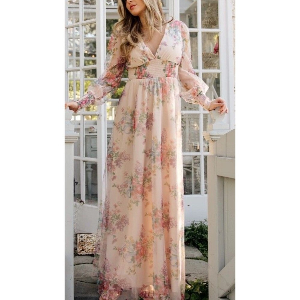 NWT Baltic Born Women's XL Romantic Floral Layla Tulle Maxi Dress Long Sleeve